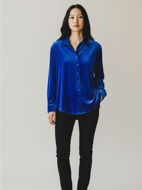 Soft Surroundings Royal Blue Velvet Button Down Shirt